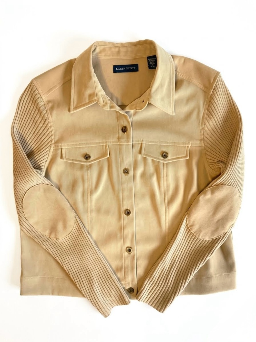 Karen Scott Mixed Media Faux Suede Camel Ribbed Knit Sleeve Shacket Jacket M - Picture 5 of 10